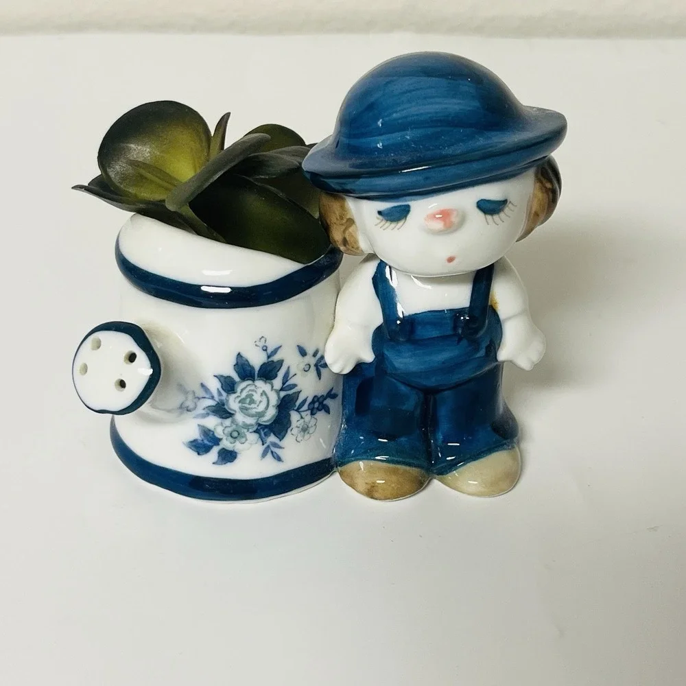 Vintage Boy In Blue Hat & Suspenders w/ Watering Can Miniature Planter Vase